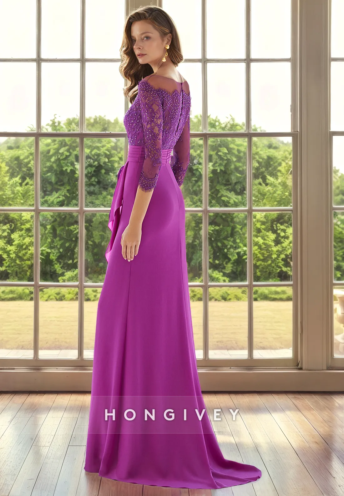 Chic Satin Scoop 3/4 Sleeves Beaded Lace Applique Mother of the Bride Dress