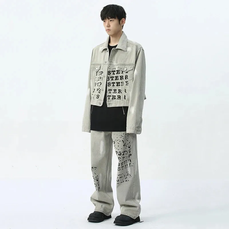Letter Printing Denim Jacket Pants Set
