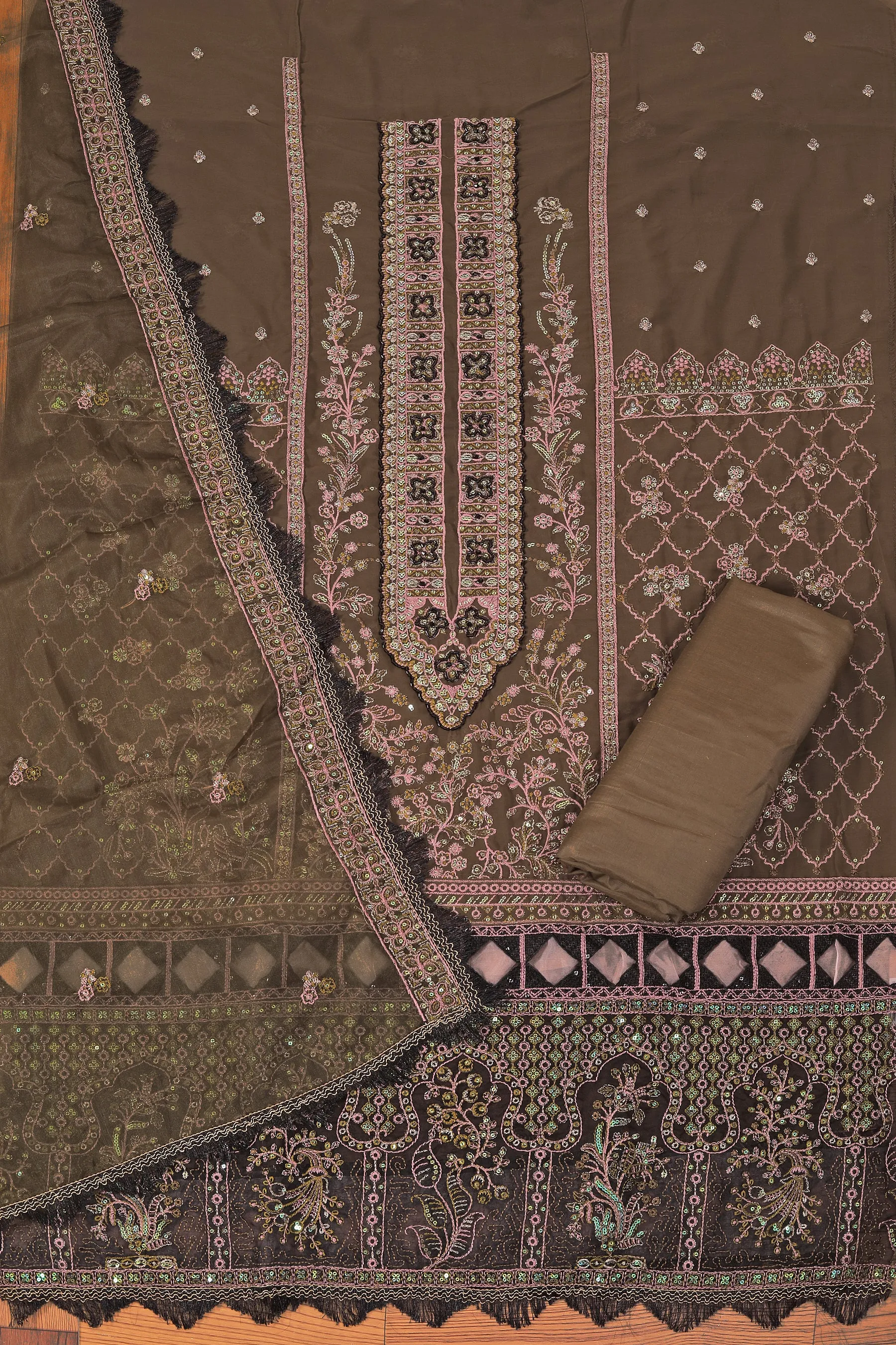 Mehndi Sequin Embroidered Poly Georgette Dress Material with Dupatta