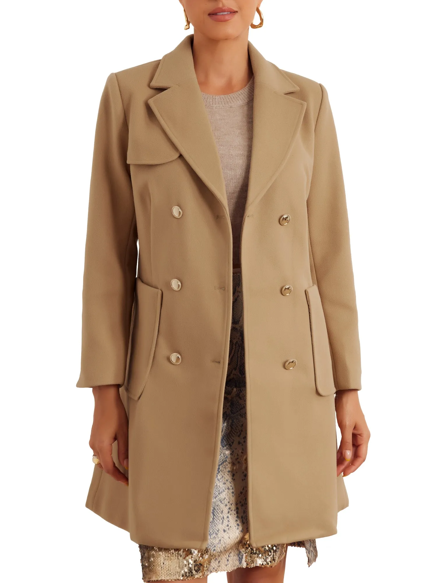 Notched Lapel Pockets Double Breasted Long Sleeve Pea Coat
